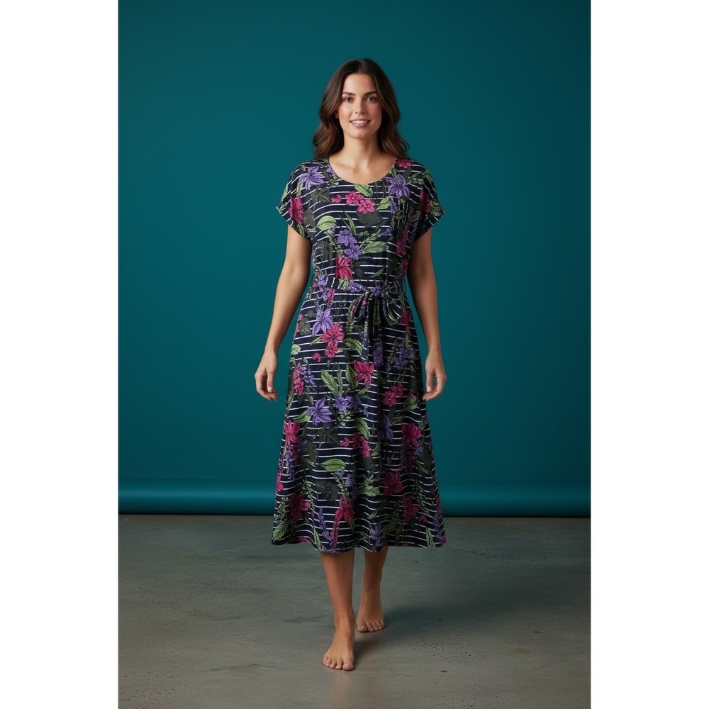 Lands' End TShirt Tie Belt Dress Blue Floral Striped Cotton-blend Medium‎